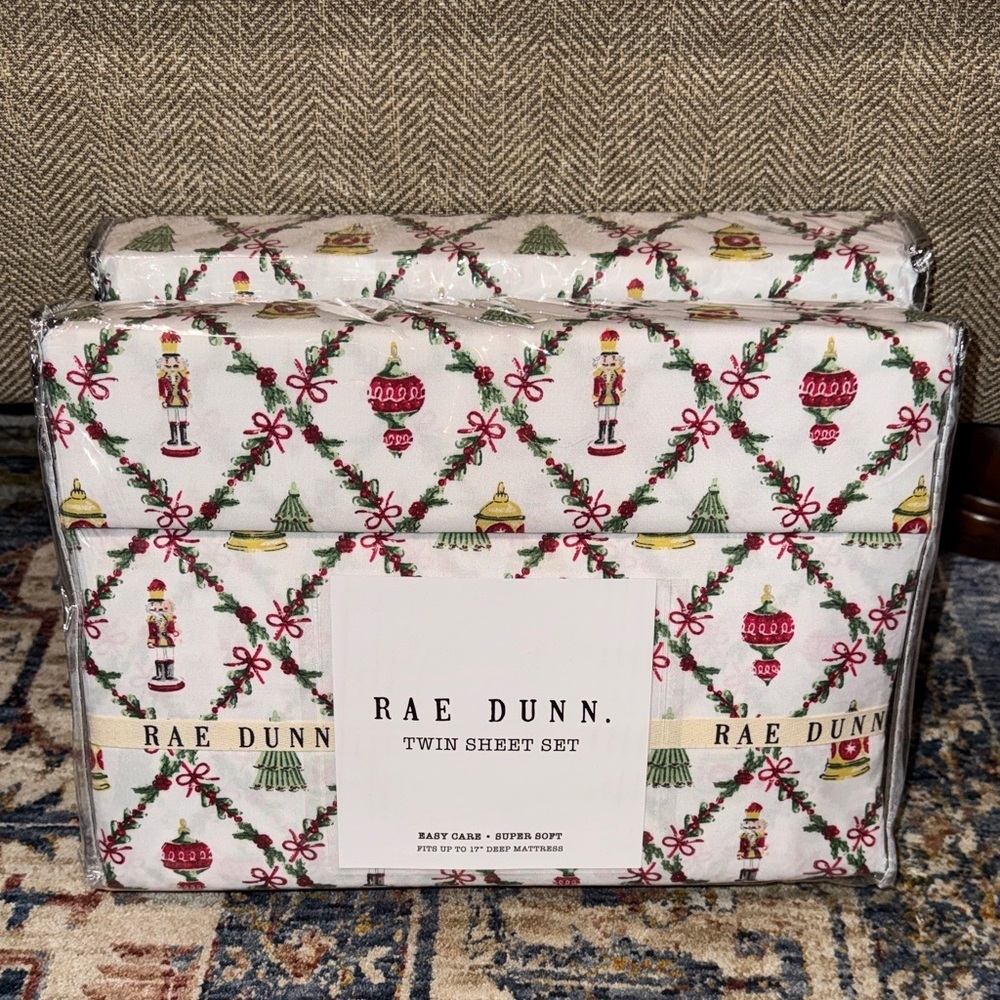 NWT Rae Dunn Christmas Holiday Twin Sheet Set - Red/Green on white background